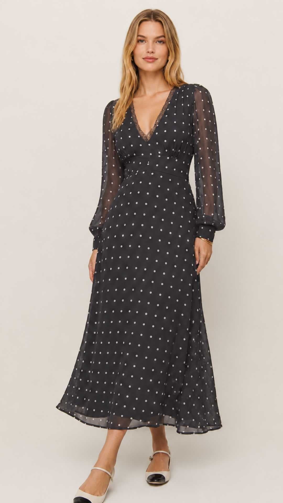 Sai Polka Dot Midi Dress Black and White Polka Dot