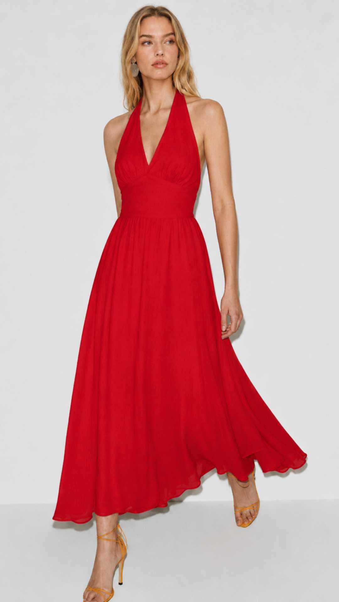 Olive Red Midi Halterneck Dress