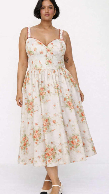 Curve Bryson Pink Printed Sweetheart Neck Corset Midi Swing Dress
