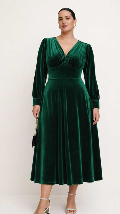 Balia Green Velvet Midi Fit and Flare Swing Dress