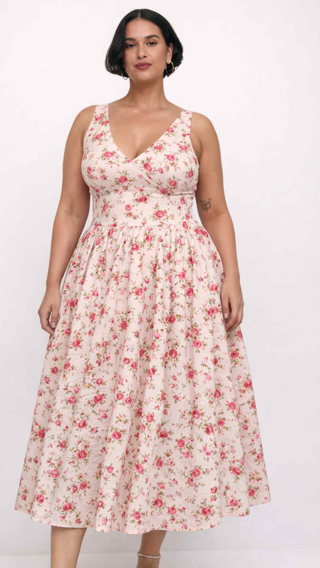 Curve Lysandra vintage floral pink and red V Neck Midi Dress