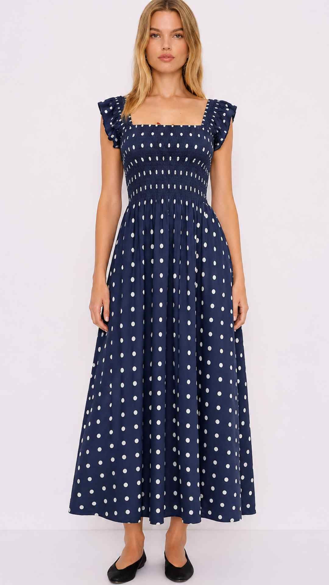 Xemeni Midi Polka Dot Dress with Shirred Bodice
