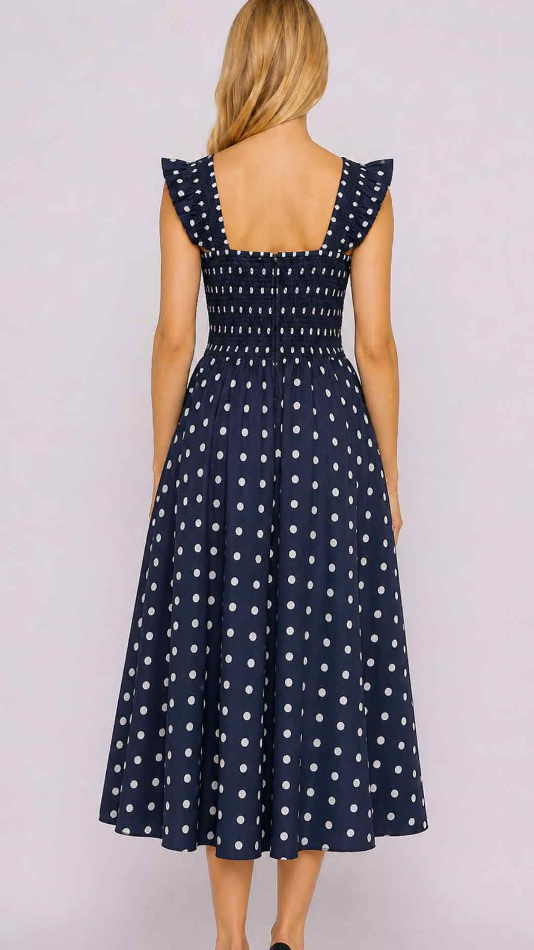 Xemeni Midi Polka Dot Dress with Shirred Bodice