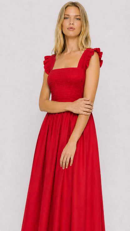 Xemeni Midi Red Dress with Shirred Bodice