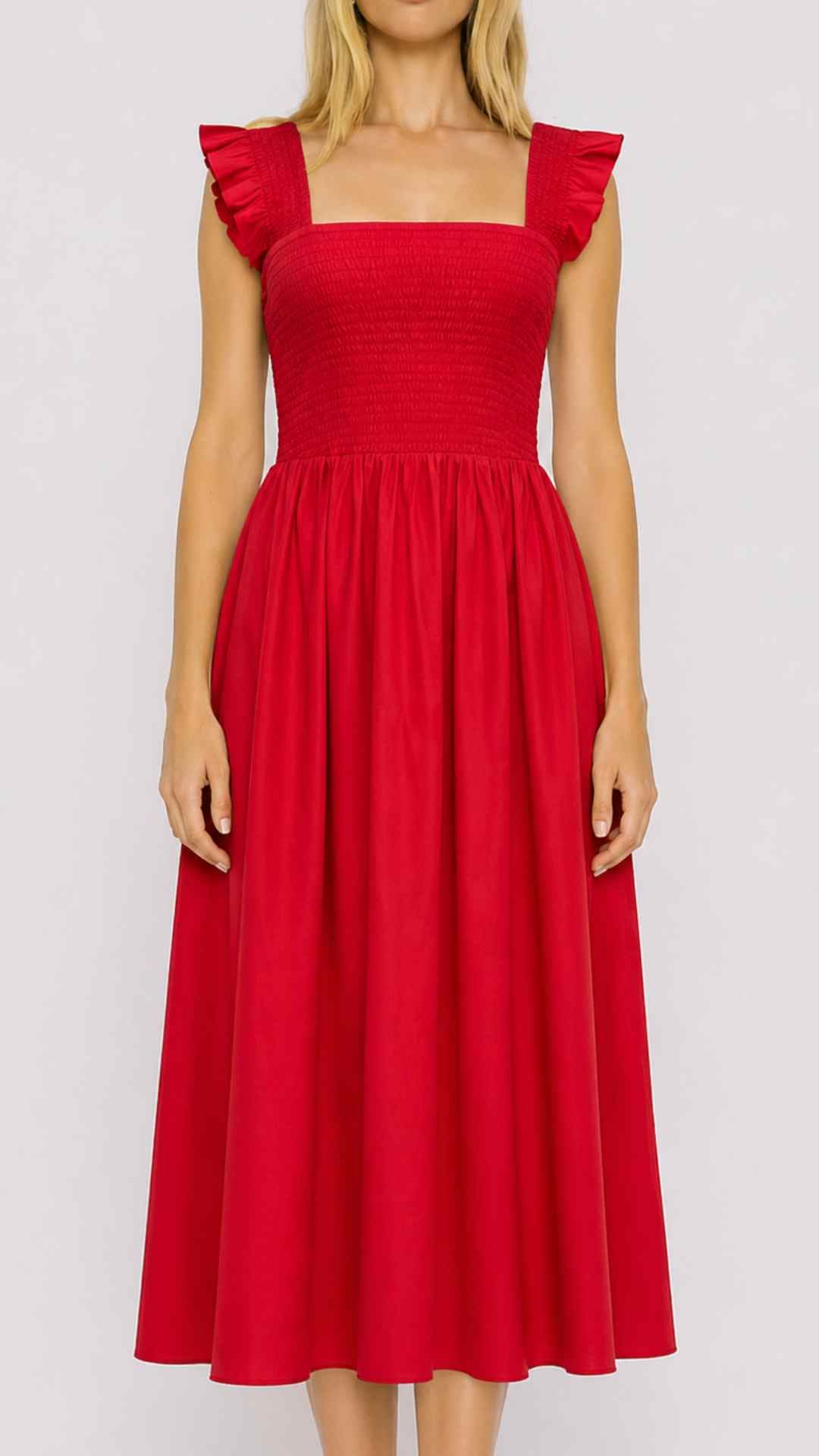 Xemeni Midi Red Dress with Shirred Bodice