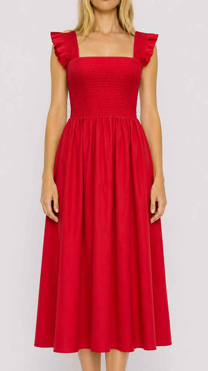 Xemeni Midi Red Dress with Shirred Bodice