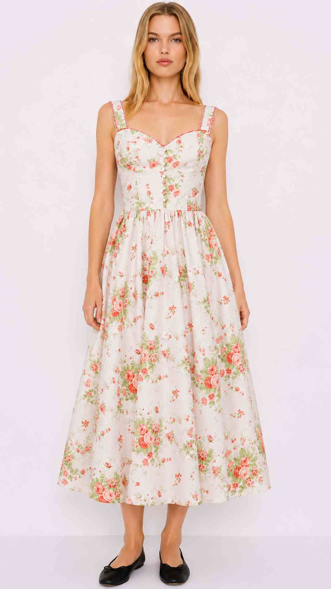 Bryson Pink Printed Sweetheart Neck Corset Midi Swing Dress