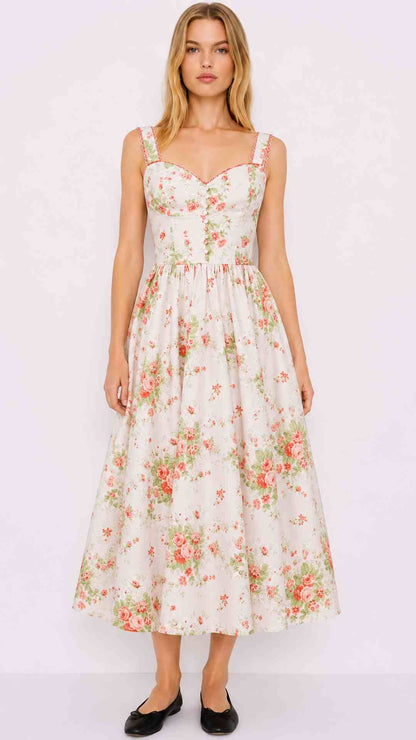Bryson Pink Printed Sweetheart Neck Corset Midi Swing Dress