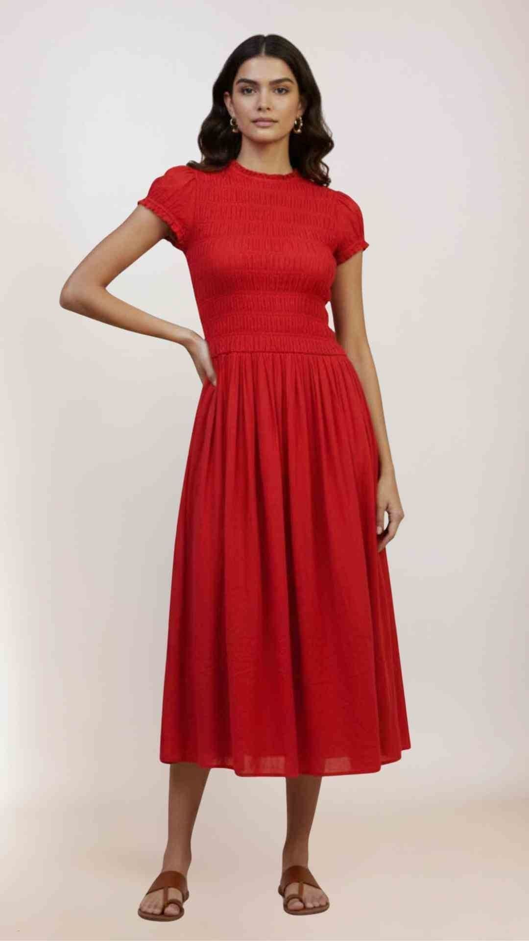 Simmi Midi Cotton Dress with Shirred Bodice