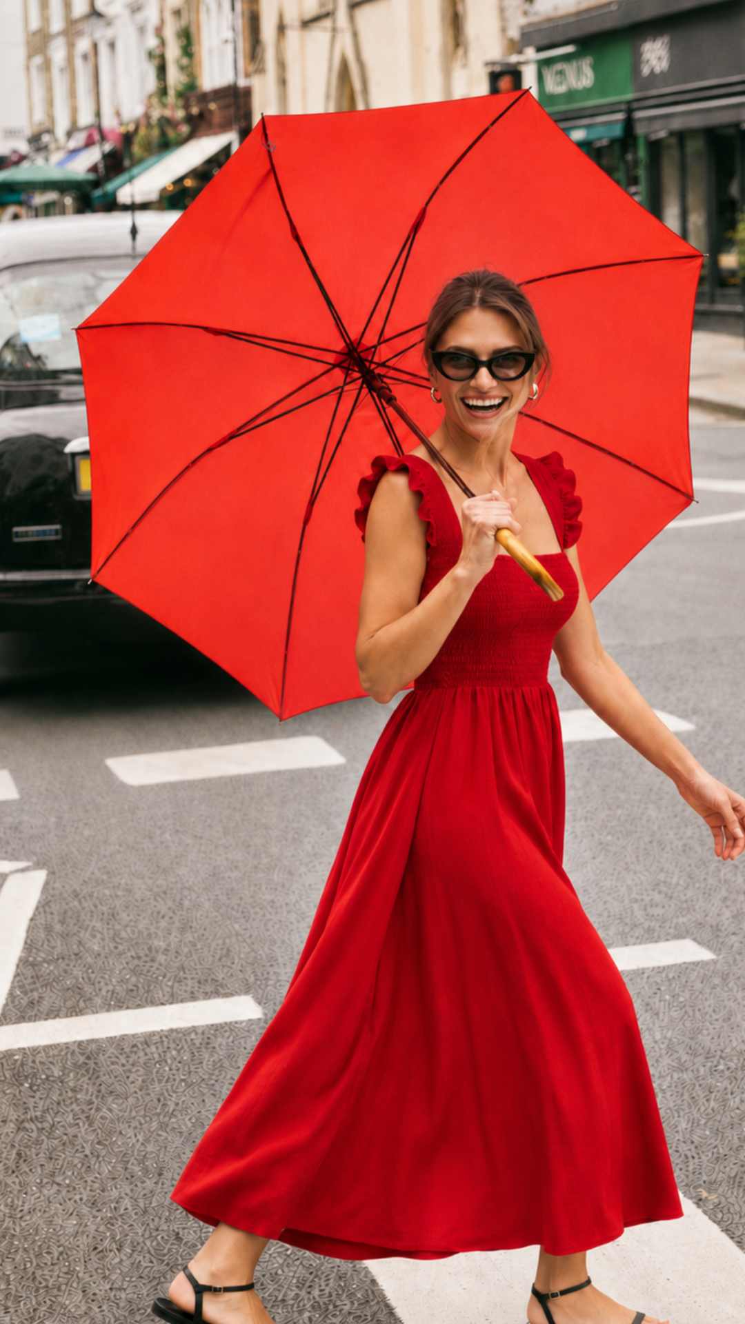 Xemeni Midi Red Dress with Shirred Bodice