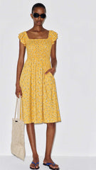 Bree Midi Yellow Dress with Flutter sleeves