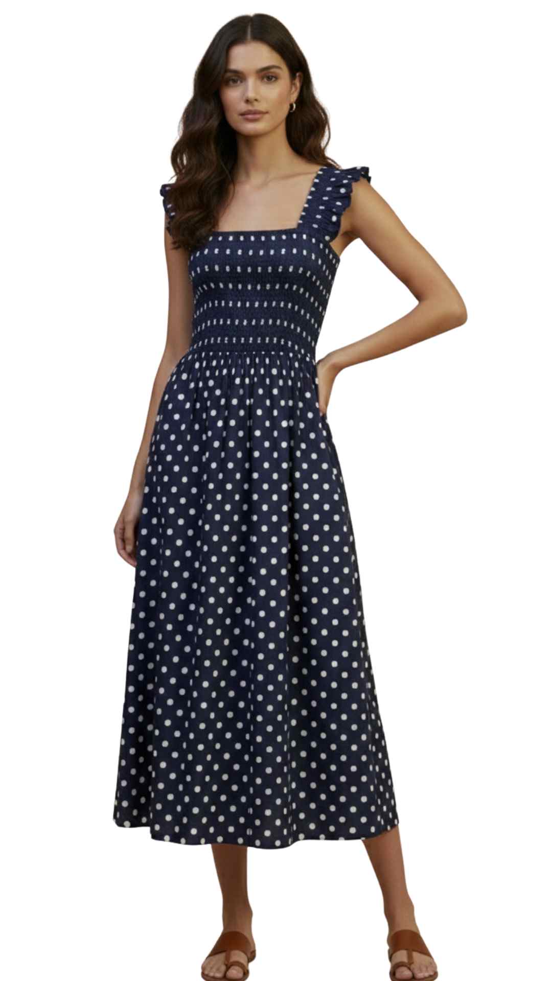 Xemeni Midi Polka Dot Dress with Shirred Bodice
