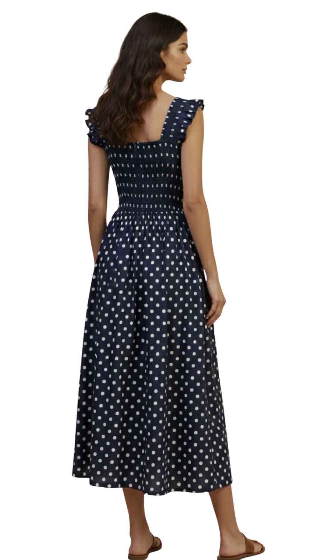 Xemeni Midi Polka Dot Dress with Shirred Bodice