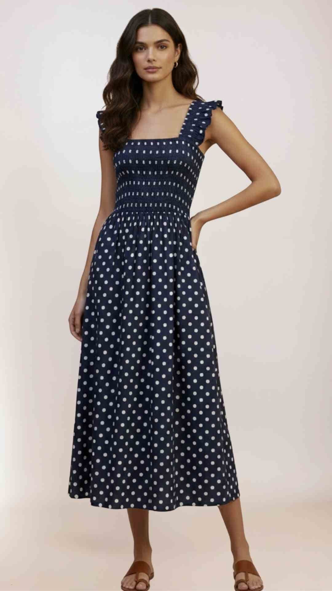 Xemeni Midi Polka Dot Dress with Shirred Bodice