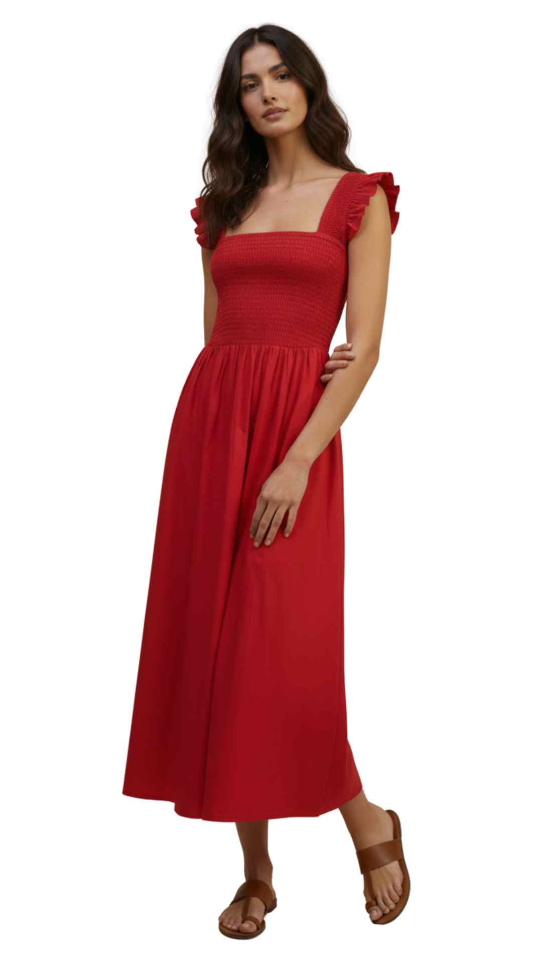 Xemeni Midi Red Dress with Shirred Bodice