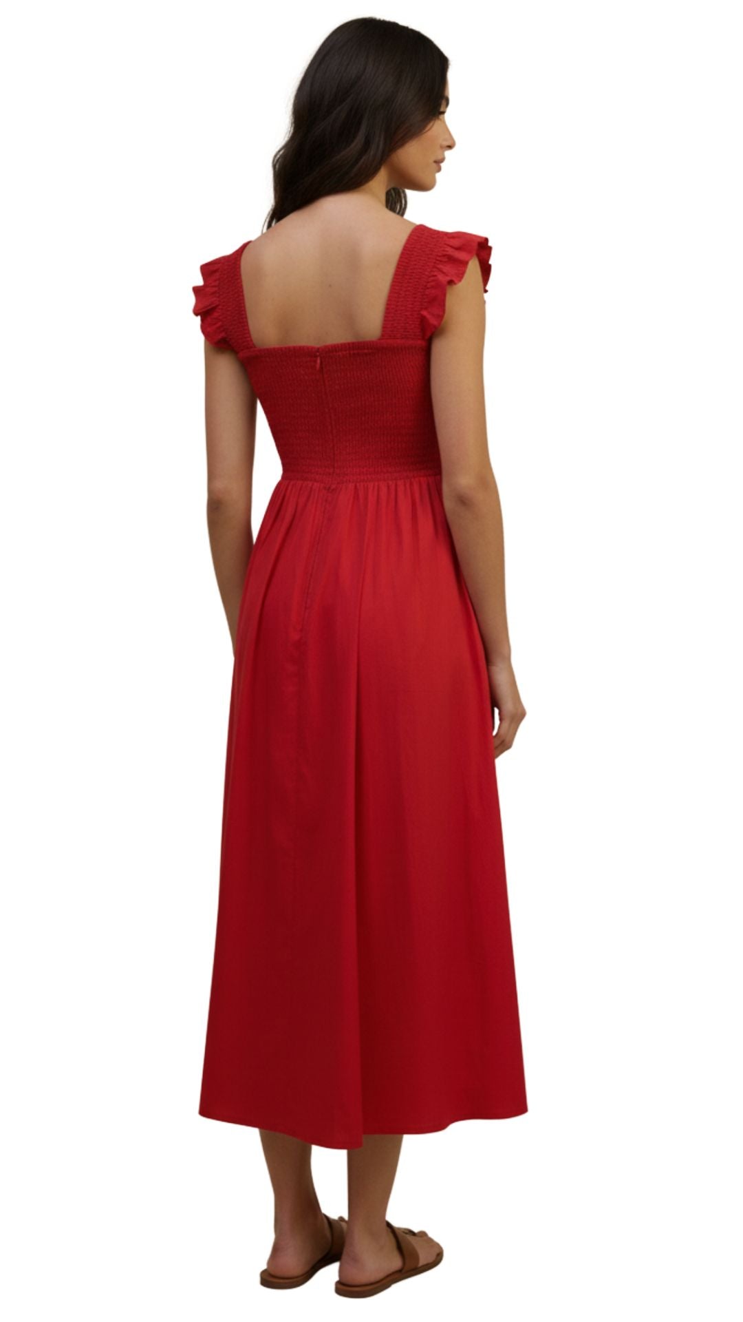 Xemeni Midi Red Dress with Shirred Bodice