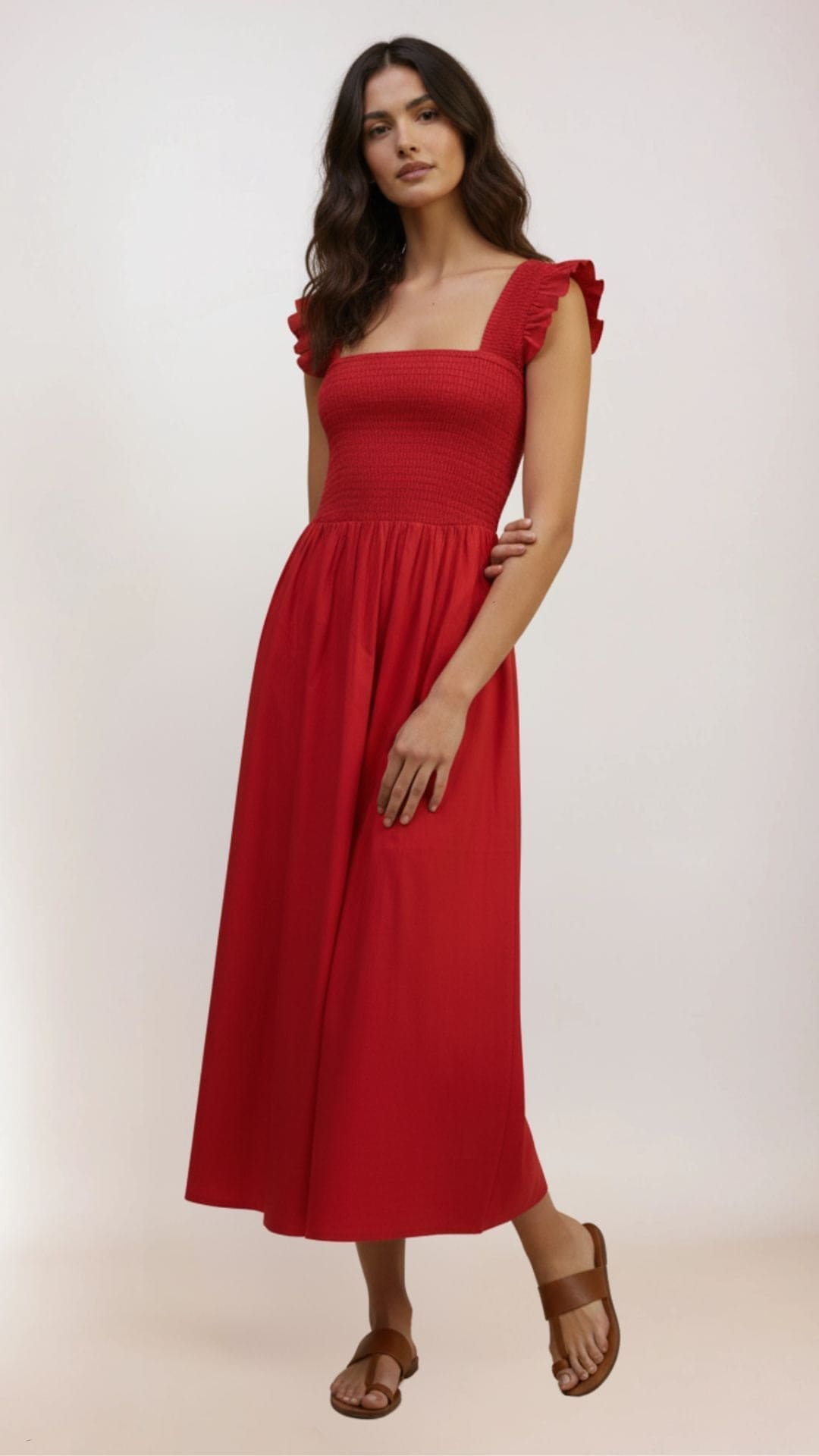 Xemeni Midi Red Dress with Shirred Bodice
