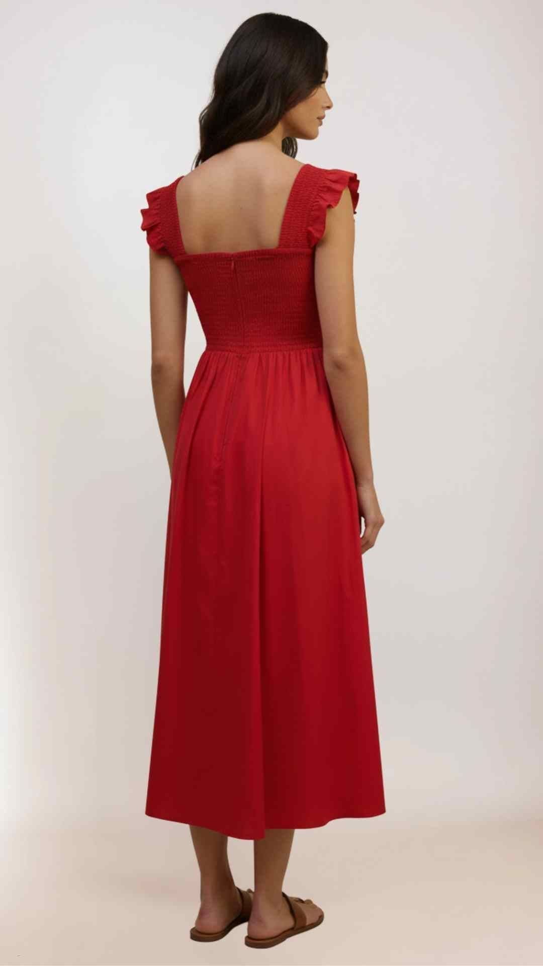 Xemeni Midi Red Dress with Shirred Bodice
