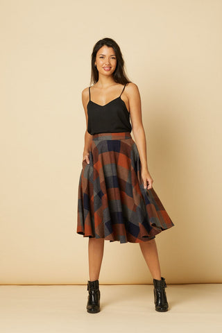 Sophie Rust Woollen Check Tartan Midi Swing Skirt