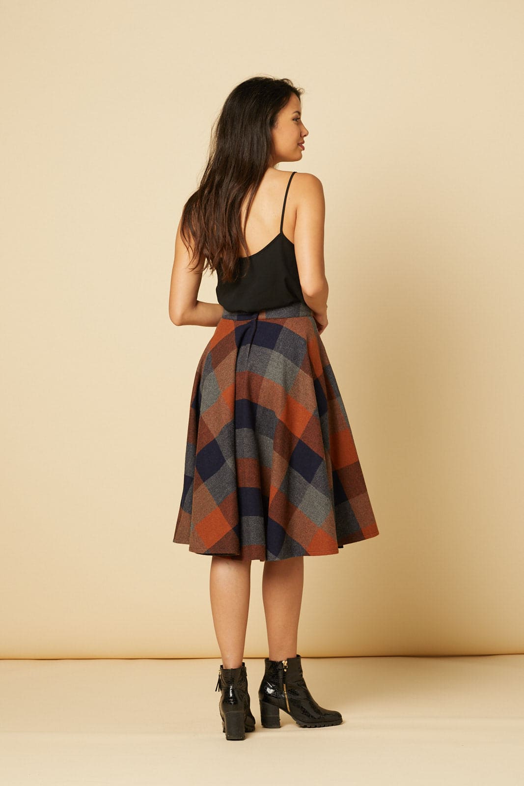 Sophie Rust Woollen Check Tartan Midi Swing Skirt