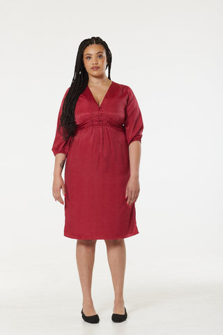 Sienna, V Neck A line Dress in Red Jacquard