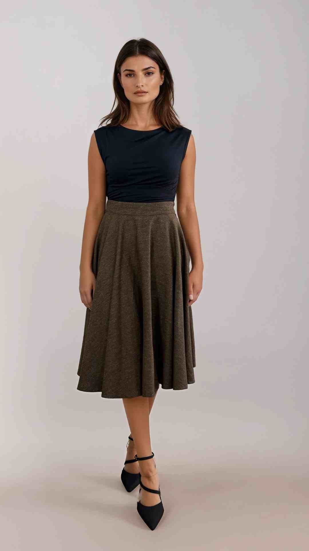 Sophie Chocolate Woollen Midi Swing Skirt