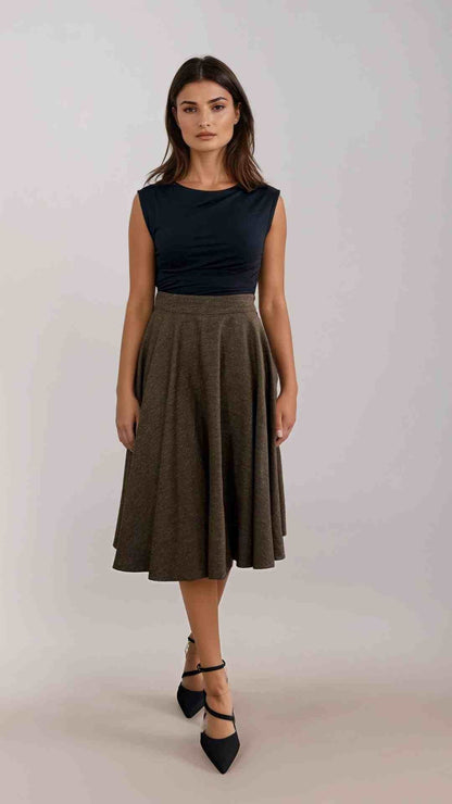 Sophie Chocolate Woollen Midi Swing Skirt