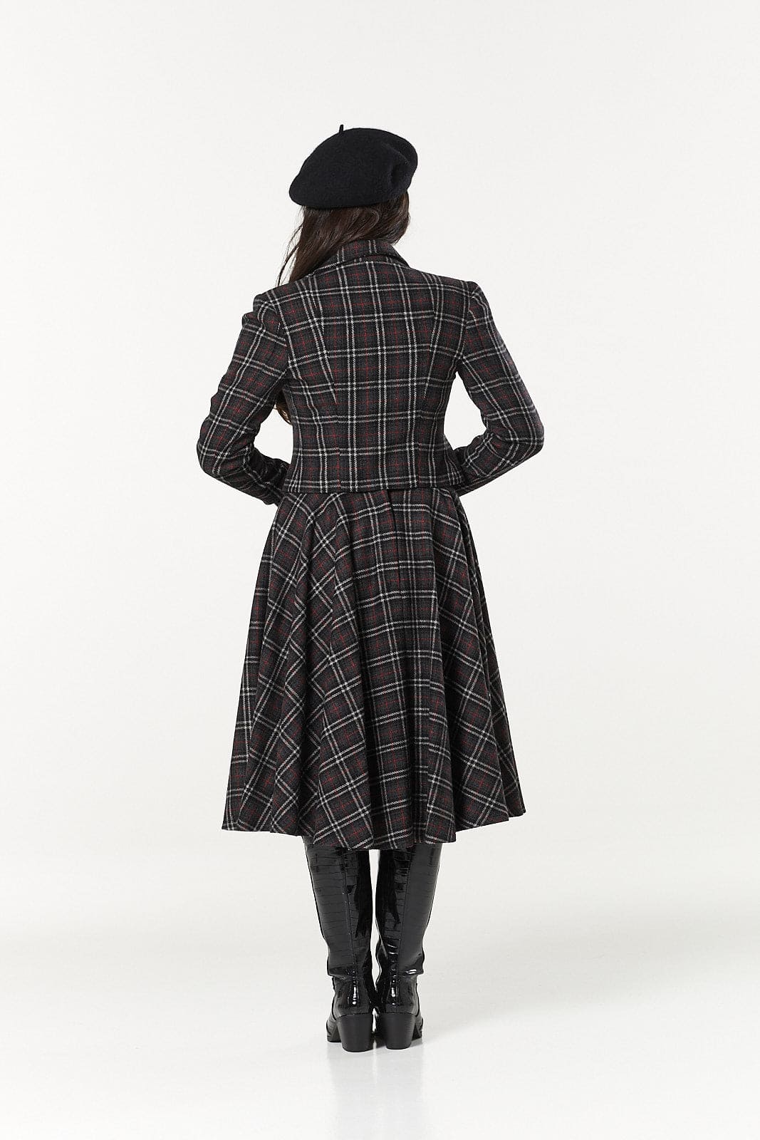 Sophie Charcoal Woollen Check Tartan Midi Swing Skirt