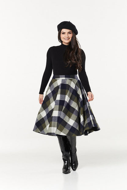 Sophie Navy &amp; Khaki Woollen Check Tartan Midi Swing Skirt