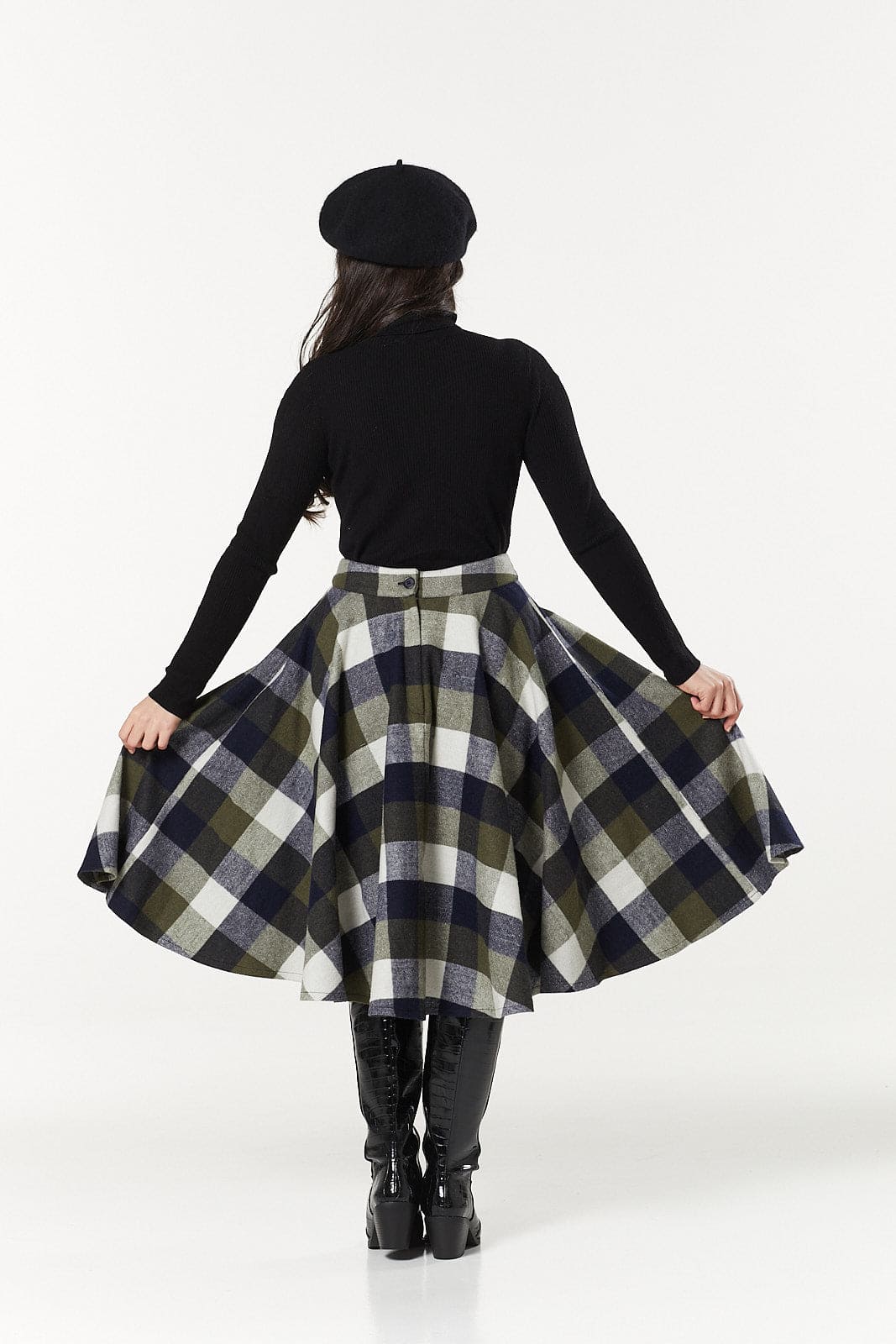 Sophie Navy &amp; Khaki Woollen Check Tartan Midi Swing Skirt