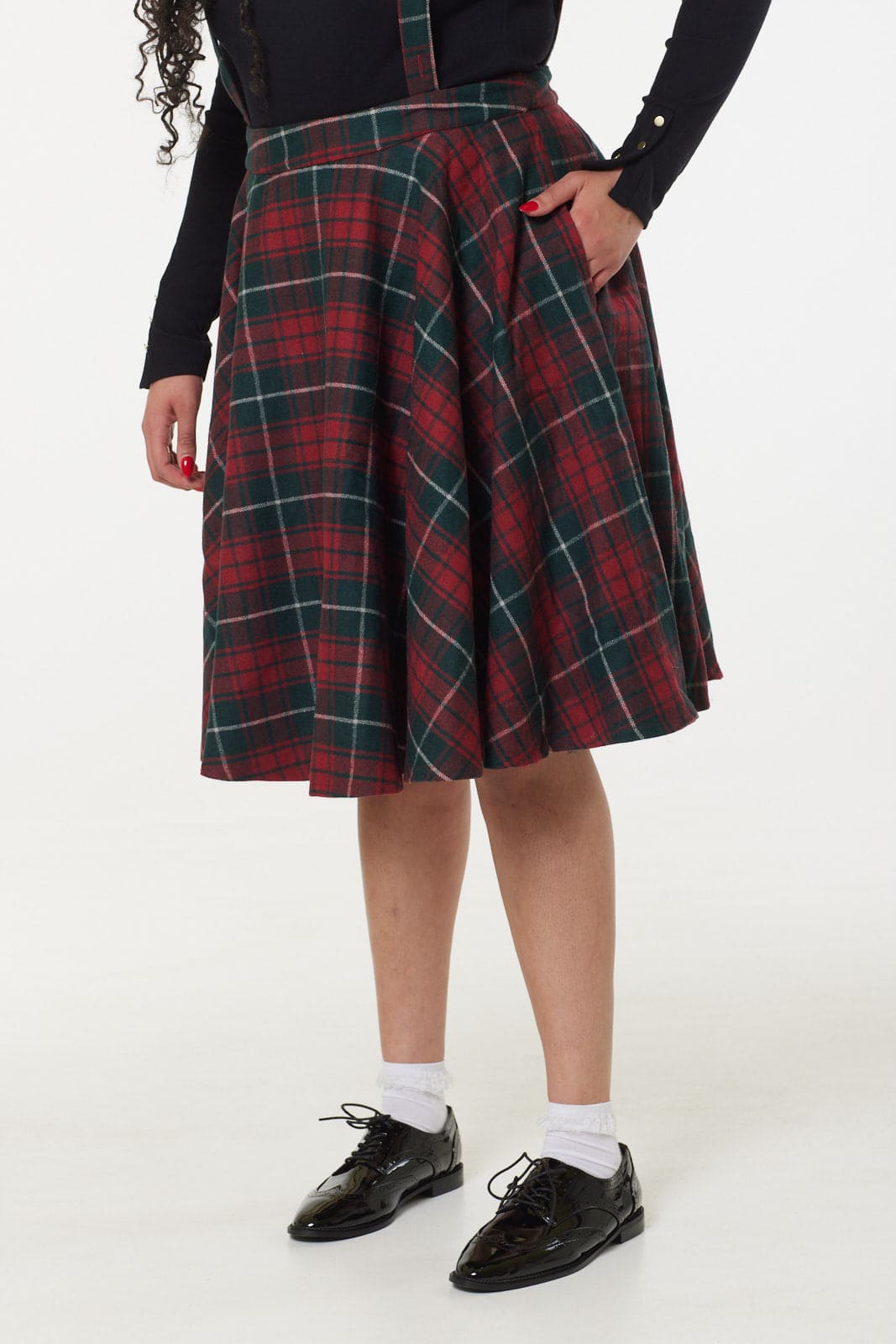 Sophie Red &amp; Dark Green Woollen CheckTartan Midi Swing Skirt