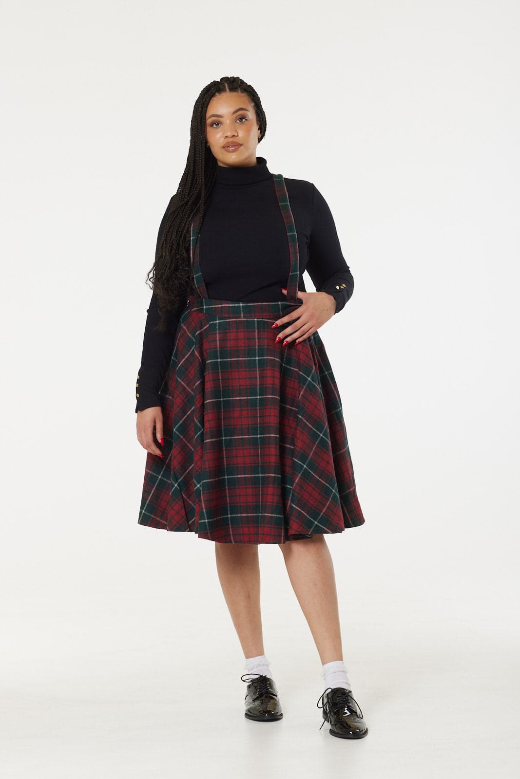 Sophie Red &amp; Dark Green Woollen CheckTartan Midi Swing Skirt