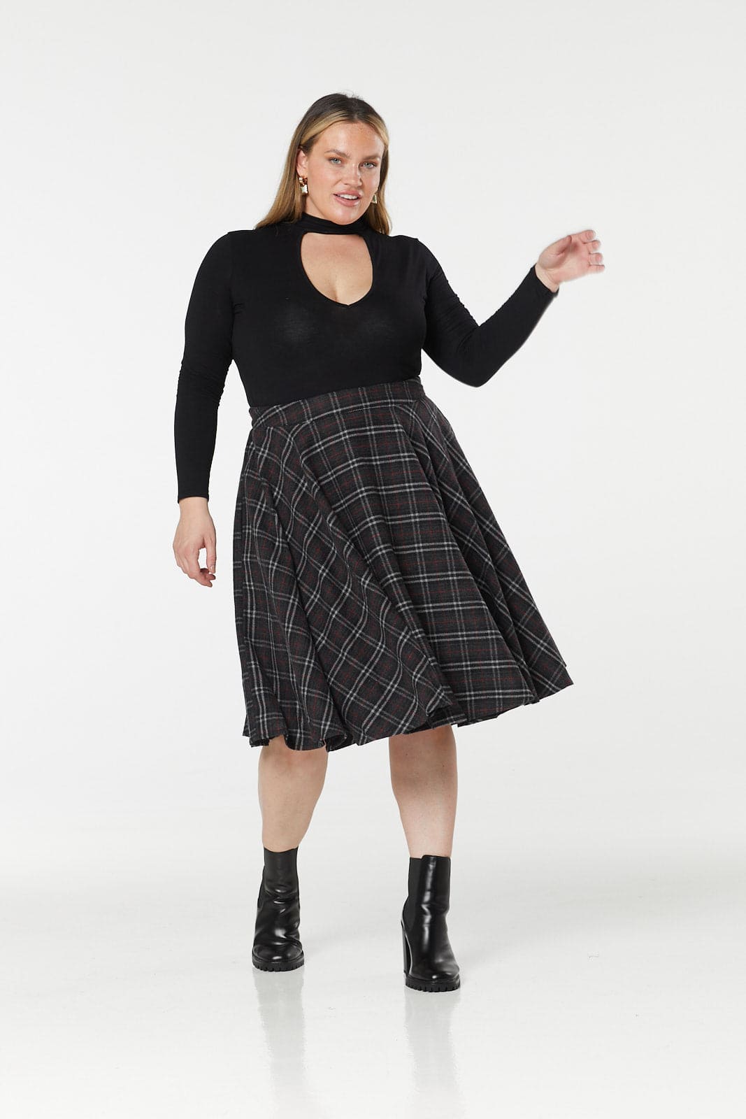 Sophie Charcoal Woollen Check Tartan Midi Swing Skirt