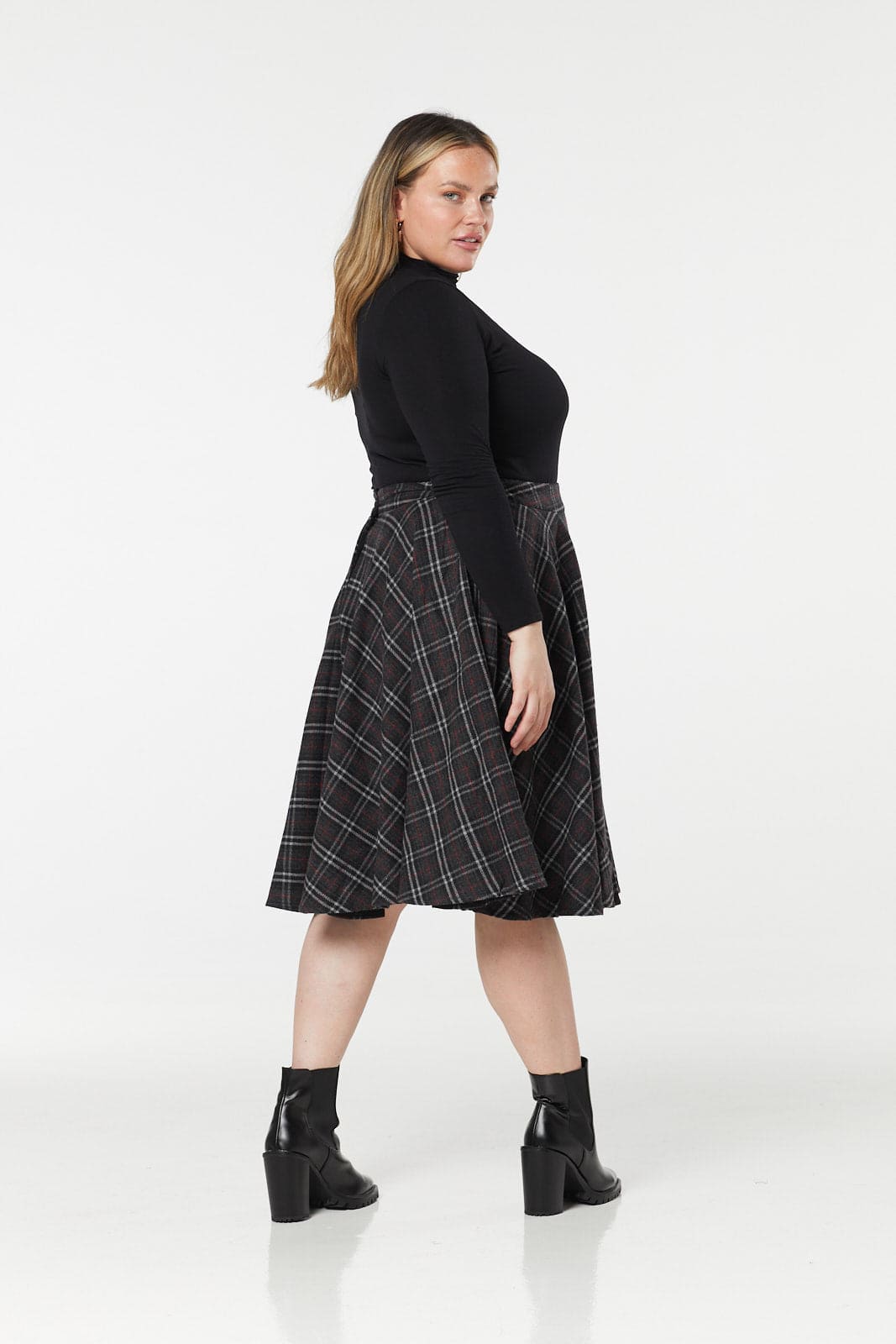 Sophie Charcoal Woollen Check Tartan Midi Swing Skirt