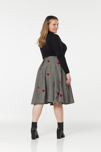 Houndstooth Woollen Check w Rose Embroidery Swing Midi Skirt