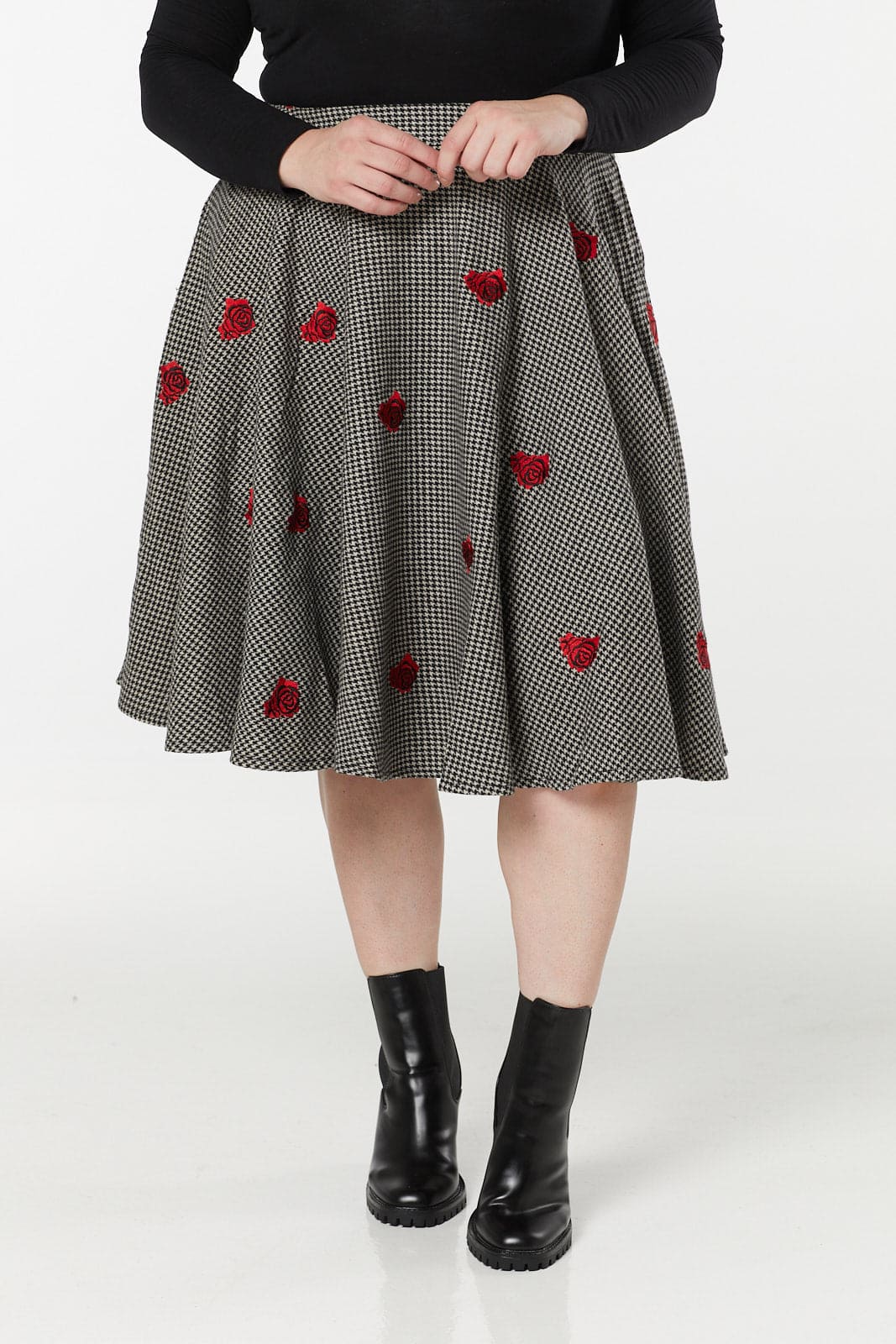 Houndstooth Woollen Check w Rose Embroidery Swing Midi Skirt