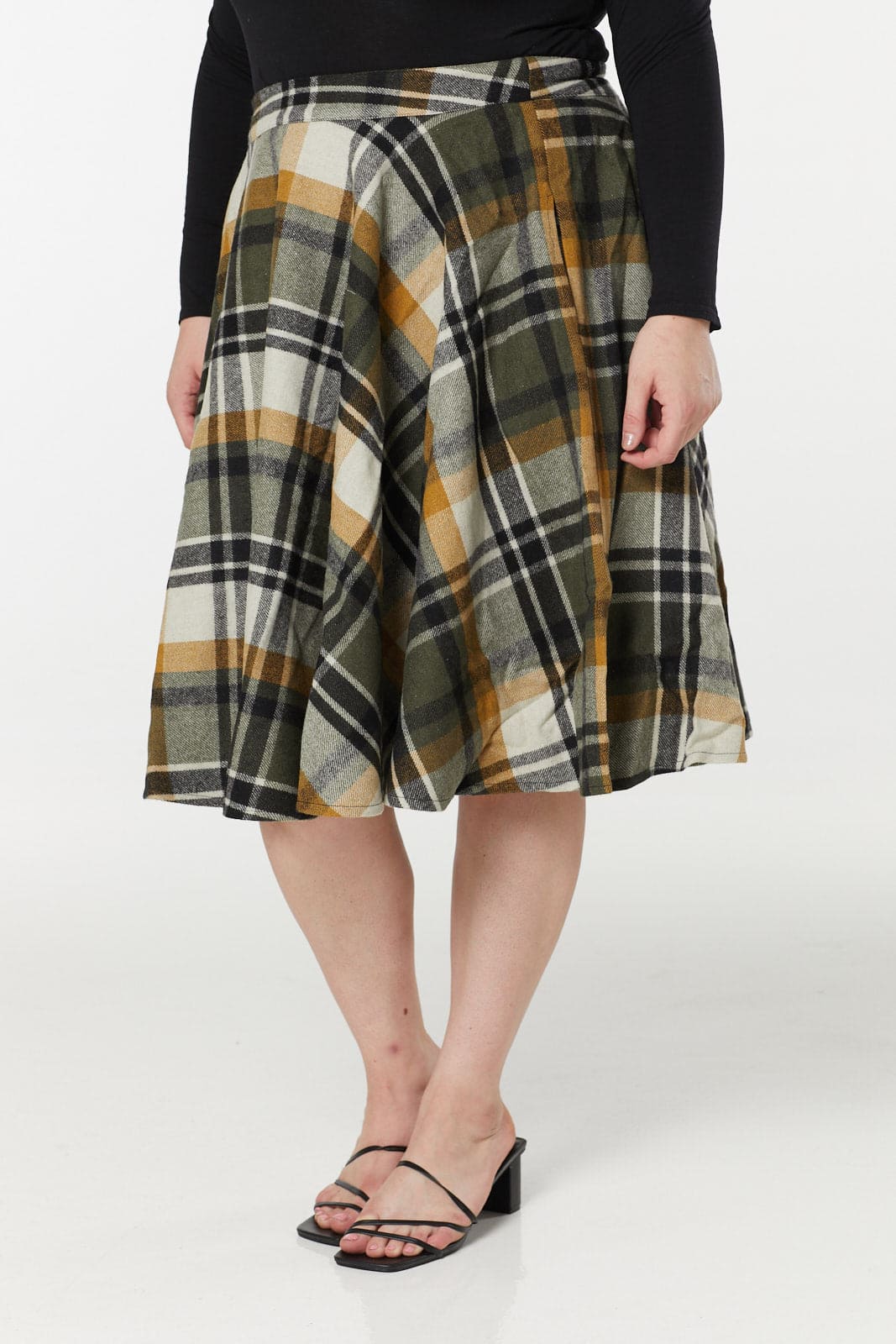 Sophie Khaki Woollen Check Tartan Midi Swing Skirt