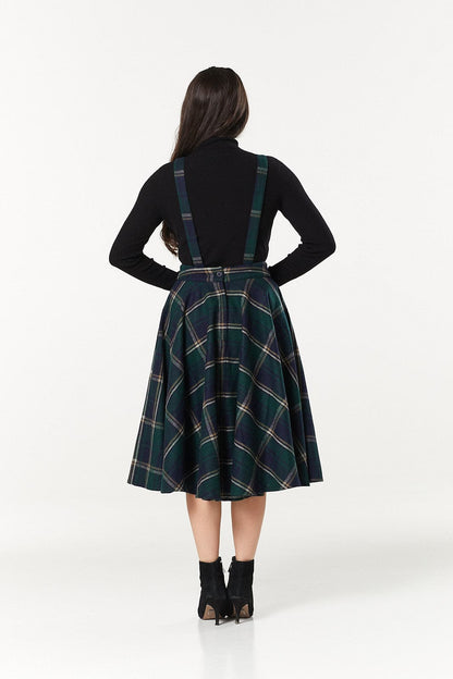 Sophie Navy and Green Woollen Check Tartan Midi Swing Skirt