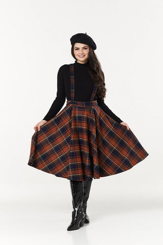 Woollen Swing Skirt Navy and Rust Check wth braces