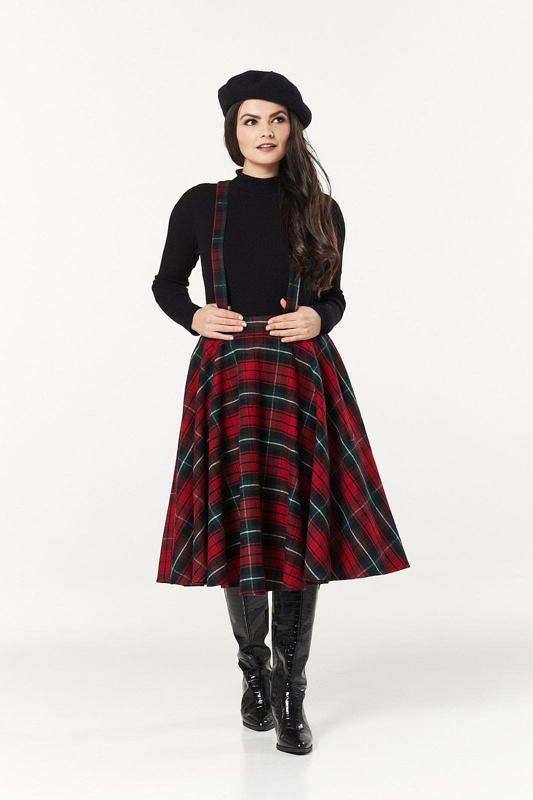 Sophie Red &amp; Dark Green Woollen CheckTartan Midi Swing Skirt