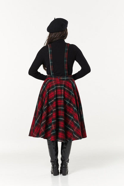 Sophie Red &amp; Dark Green Woollen CheckTartan Midi Swing Skirt