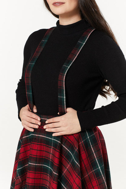 Sophie Red &amp; Dark Green Woollen CheckTartan Midi Swing Skirt