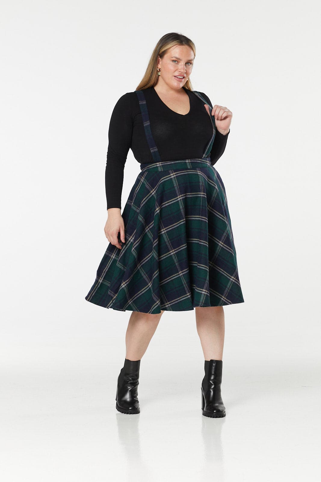 Sophie Navy and Green Woollen Check Tartan Midi Swing Skirt