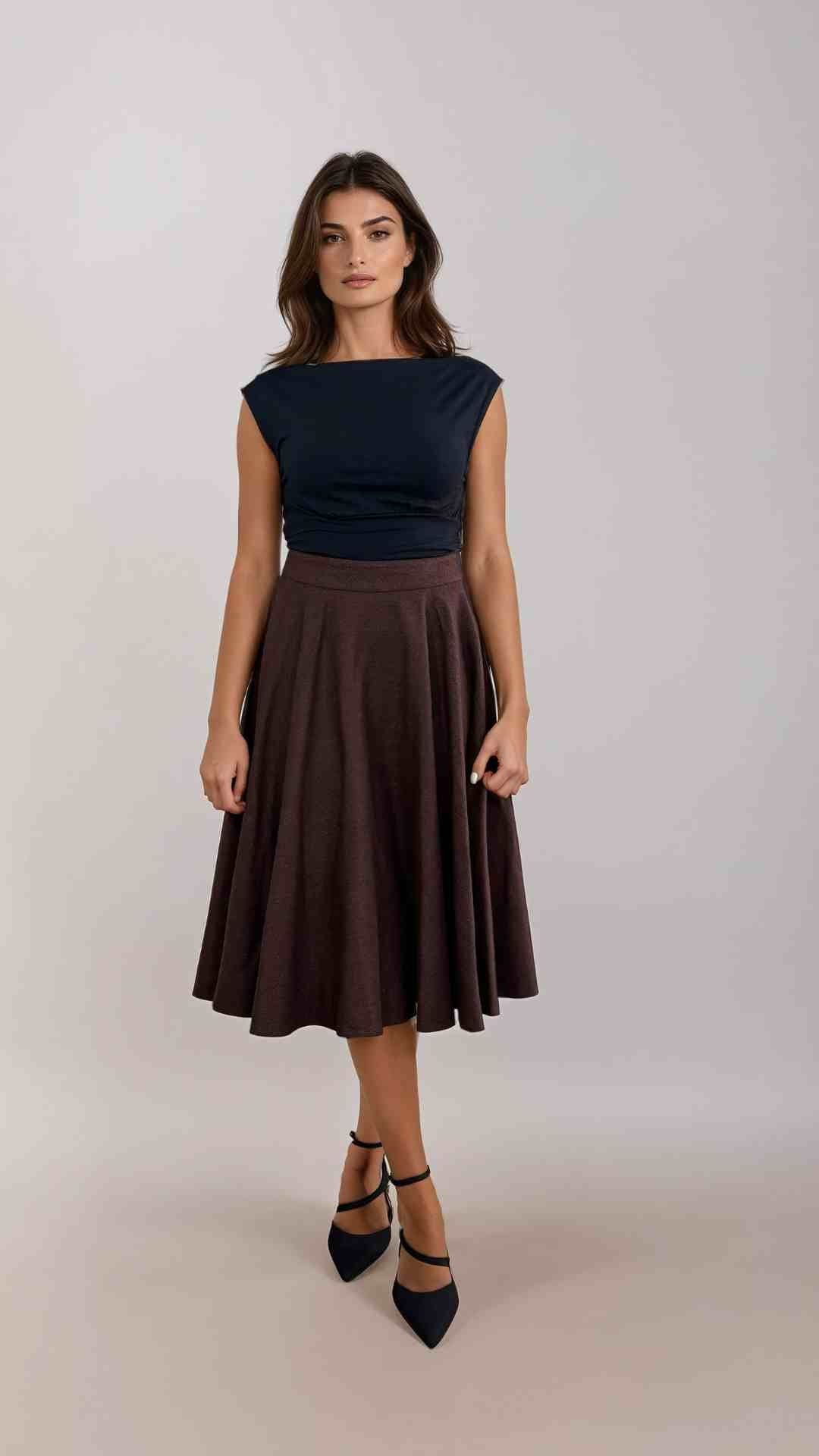 Sophie Wine Woollen Midi Swing Skirt