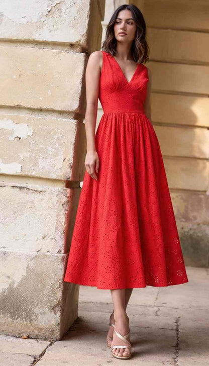 Lysandra Midi Broderie Anglaise Red Dress M Lysandra Midi Broderie Anglaise Red Dress M