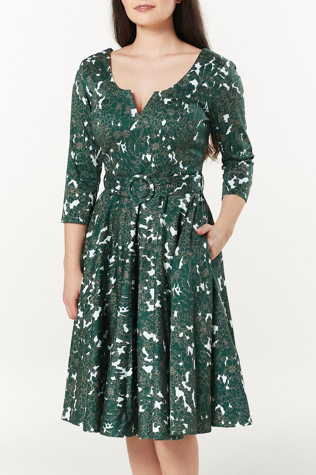 Tova Fit Flare 3 4 Sleeves Midi Swing Dress in Cotton Sateen