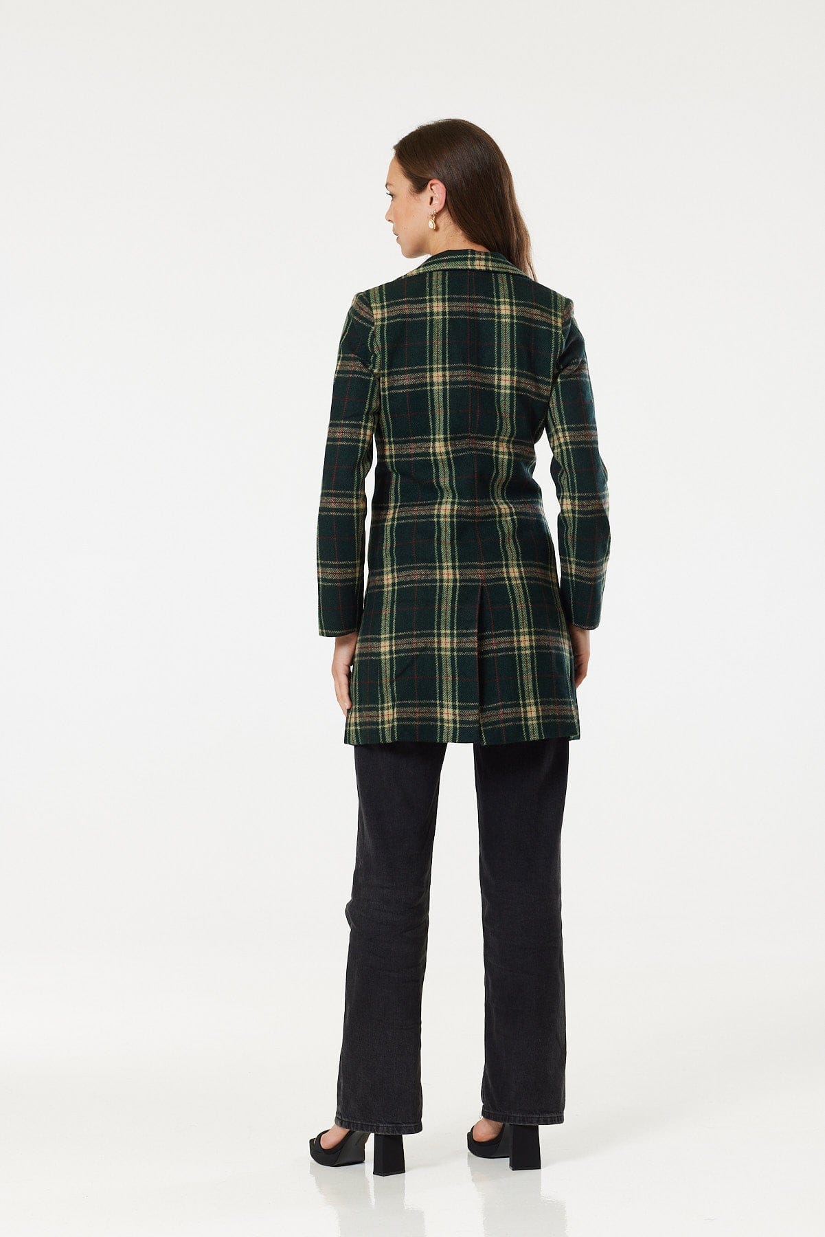 Woollen Green Check(Tartan) Knee Legnth Davia Coat