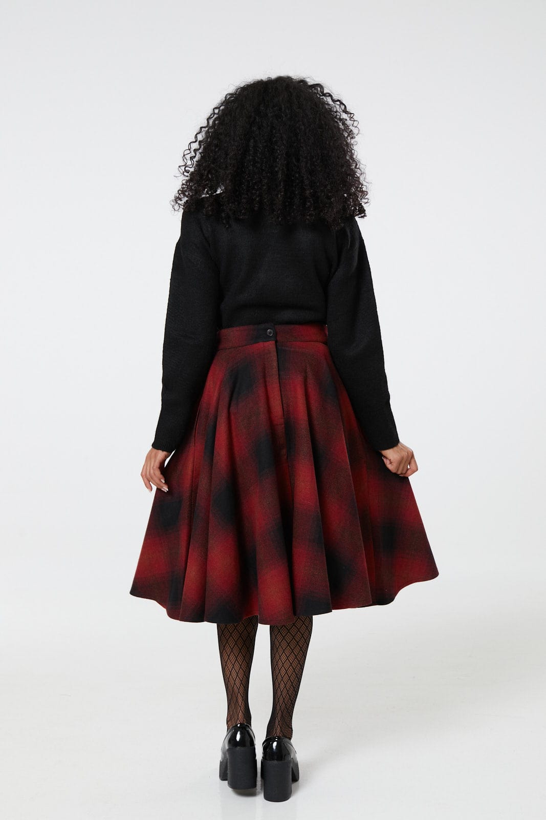 Sophie Red &amp; Black Woollen Check Tartan Midi Swing Skirt