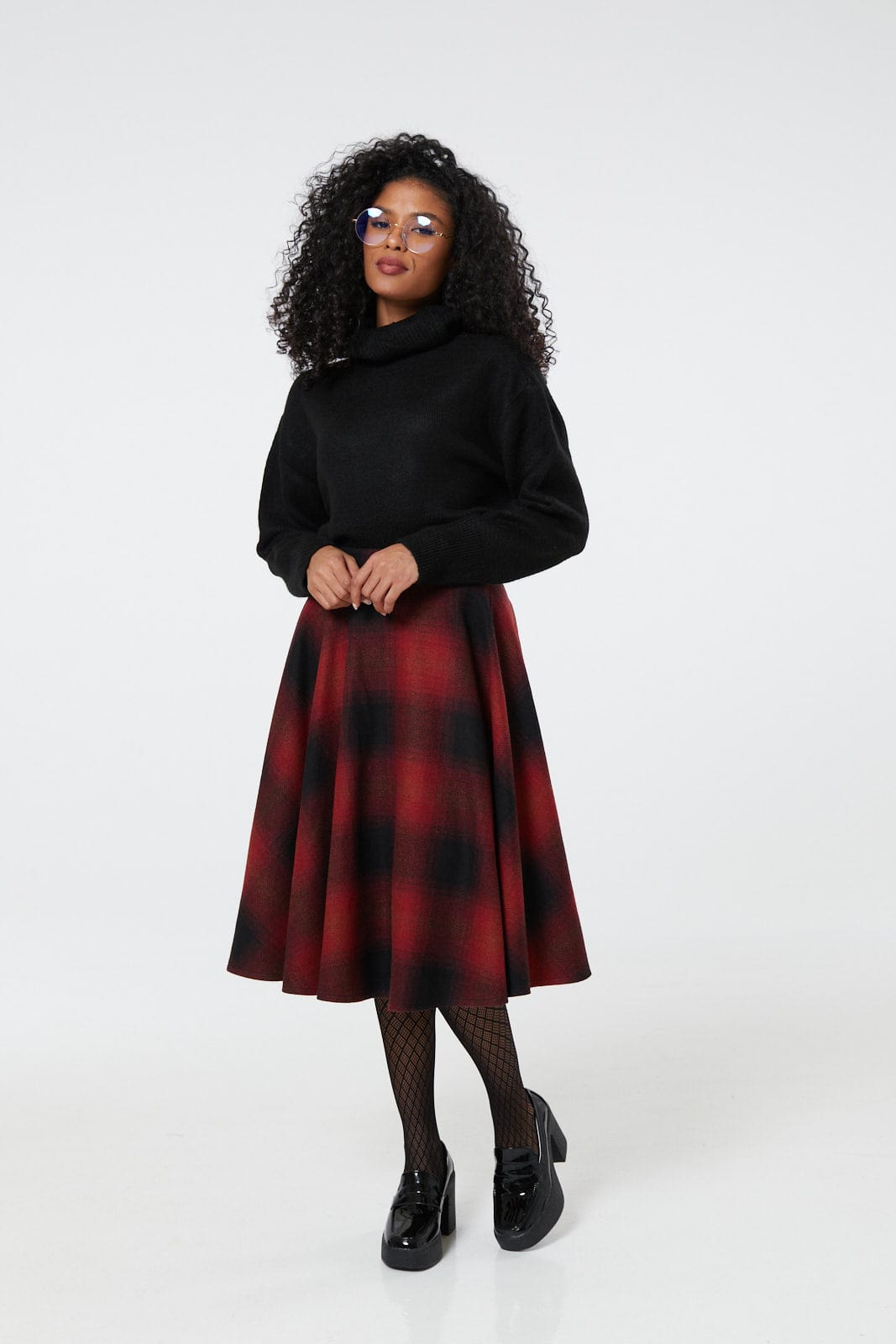 Sophie Red &amp; Black Woollen Check Tartan Midi Swing Skirt