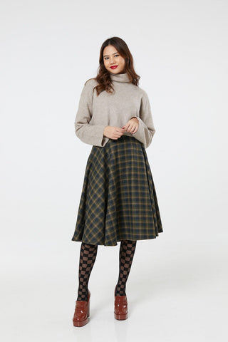 Sophie Blue & Green Woollen Check Tartan Midi Swing Skirt